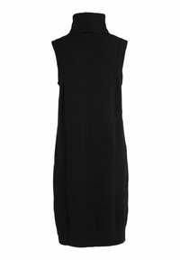 Svart ärmlös polokragsklänning, stickad tyg, räfflad krage, rak form, medellång, slät textur, inga ytterligare dekorationer eller mönster.