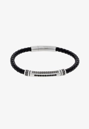 Black braided leather bracelet featuring a silver metal clasp with black accent details and a patterned band for added texture.
