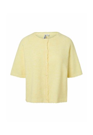 Cardigan à manches courtes jaune pâle avec encolure ronde et fermeture boutonnée à l'avant, de la marque "Pieces".