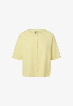 Soft yellow short-sleeve cardigan with round neckline and front button closure, labeled "Pieces" brand.