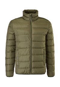 Veste matelassée vert olive avec fermeture éclair complète à l'avant, col montant, manches longues et poches latérales à boutons-pression.