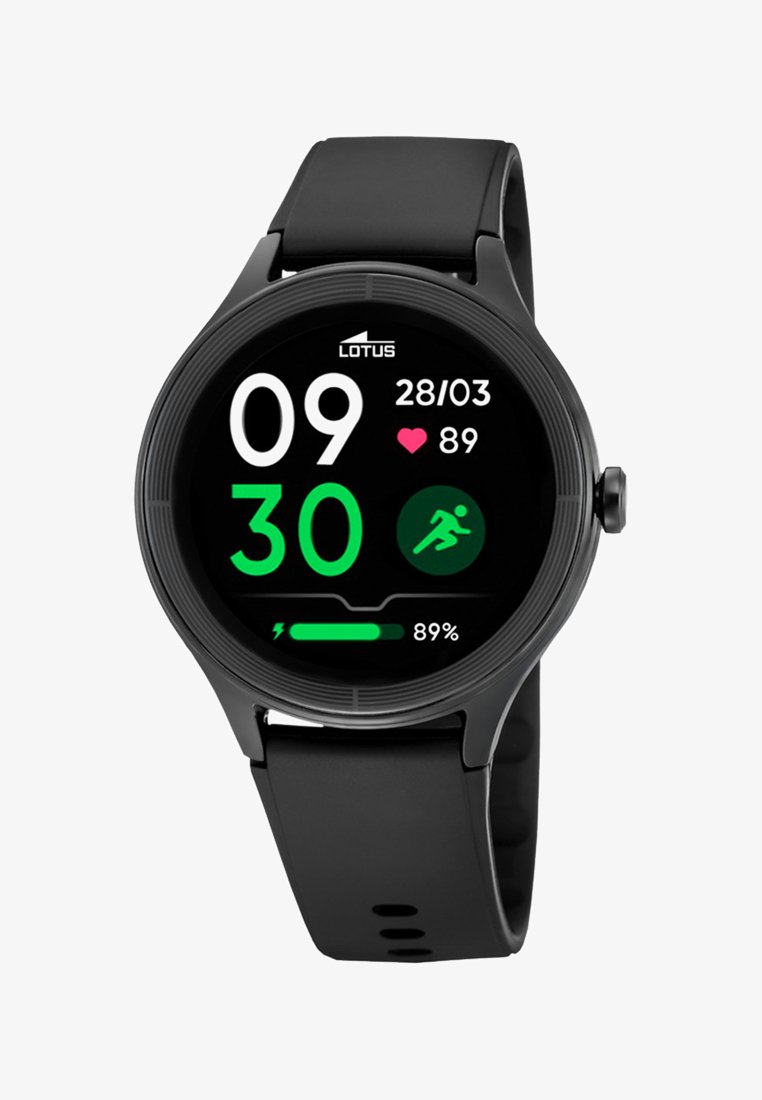 Zegarek Black Lotus pokazujący godzinę 09:30, datę 28/03, tętno 89 uderzeń na minutę, ikonę biegania oraz poziom naładowania baterii na 89%.