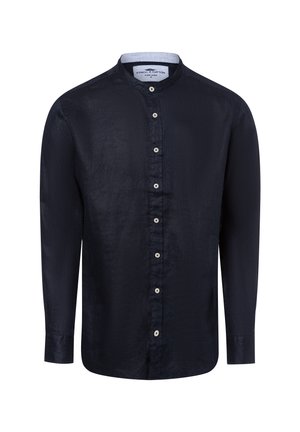 Camicia button-up blu scuro con colletto a banda, maniche lunghe e bottoni bianchi. Realizzata in un tessuto leggero e testurizzato.