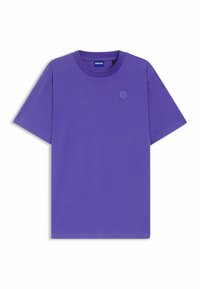 Purple cotton t-shirt with short sleeves, a crew neck, and embroidered logo detail on the chest, featuring a smooth texture and relaxed fit.