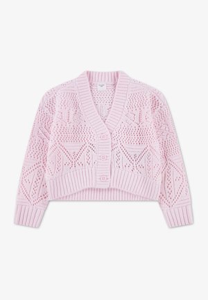 Jasnoróżowy krótki sweter rozpinany z dekoltem w serek, trzema guzikami, ściągaczami i geometrycznymi wzorami koronkowymi na rękawach i korpusie.