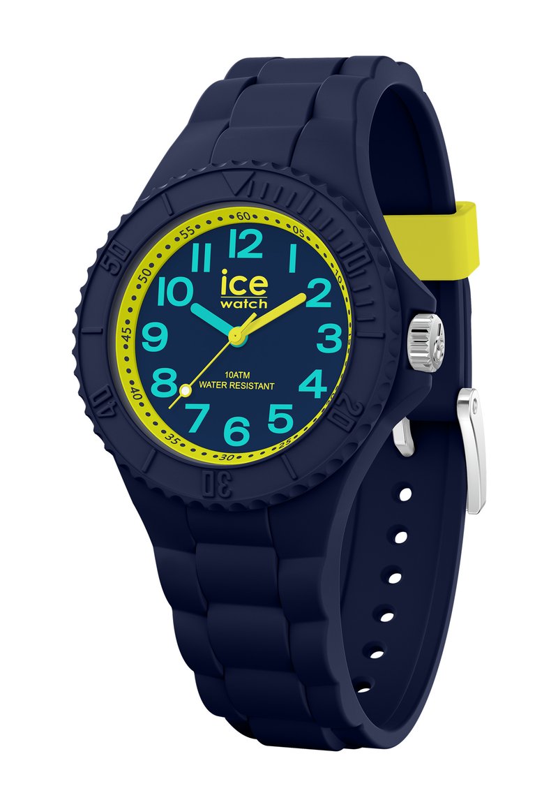 Blaues Silikonarmband mit rundem Ziffernblatt, gelben Akzenten und gut lesbaren Zahlen. Wasserfest bis 10ATM. Verfügt über eine Krone aus Edelstahl.