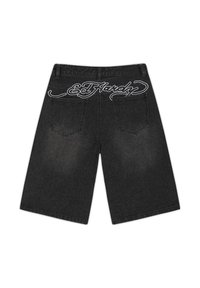 Shorts en denim noir avec deux poches arrière et le logo brodé blanc "Ed Hardy" sur la ceinture.