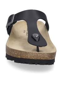 Schwarz Flip-Flop Sandale mit einem Zehensteg; verfügt über einen glatten Riemen, ein Fußbett aus braunem Wildleder und eine strukturierten Gummisohle für besseren Halt.