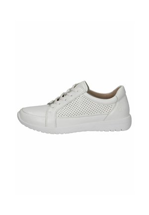 Baskets en cuir blanc avec motif perforé, fermeture à lacets et semelle rembourrée. Semelle extérieure en caoutchouc plate et texture lisse.