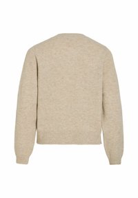 Smėlinio spalvos vilnonis megztinis su apvalia iškirpte ir ilgomis rankovėmis. Minkšta, tekstūruota medžiaga su ribuotu apačia ir rankogaliais. Vaizdas iš nugaros.