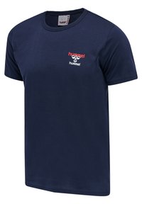 Marinblå bomulls-T-shirt med korta ärmar och rund halsringning. Har en liten röd och vit "hummel"-logotyp på bröstet.