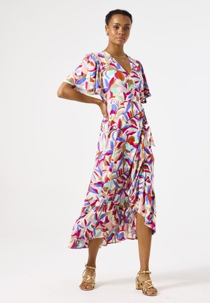 Bloemen maxi-jurk met een V-hals, korte fluttermouwen, in levendige kleuren zoals roze, rood, blauw en groen. Zachte, vloeiende stof.
