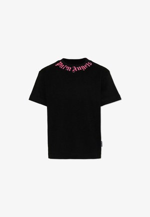 T-shirt noir à manches courtes avec le texte rose « Palm Angels » imprimé autour du col sur un fond blanc.