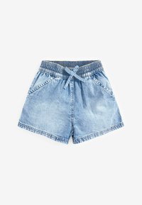 Denimshorts med elastisk midja, ljusblå färg och två snedställda sidfickor. Knyt-detalj framtill med sydda kanter.