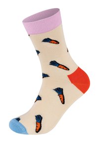 Beige sock with pink ribbed cuff, blue toe, and orange heel. Features a fish pattern in blue and orange. Made of soft, stretchy material.