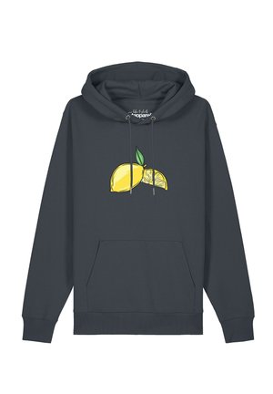 Dunkelgrauer Hoodie mit Kängurutasche und einer gelben Zitronengrafik mit grünem Blatt auf der Brust.