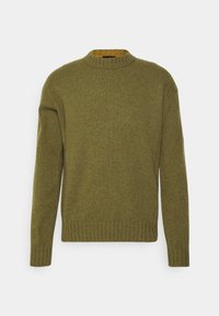 Olivgrön stickad tröja med ribbstickad rund halsringning, muddar och nederkant, uppvisad mot en enkel ljus bakgrund.