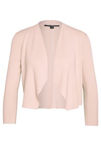 Ljusrosa kofta, öppen framsida med en flödande design, långa ärmar, tillverkad av mjukt stickat material, med en subtil ribbad textur.