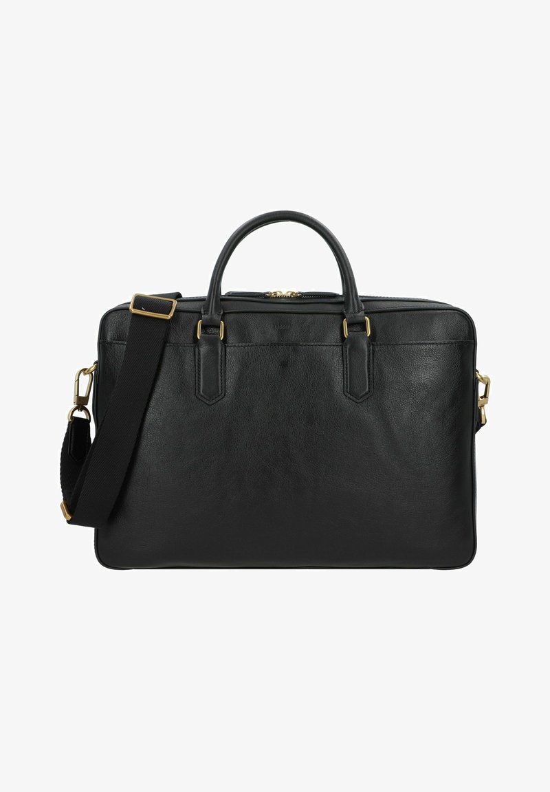 Valigia nera in pelle con doppie maniglie superiori, tracolla regolabile, forma rettangolare, superficie testurizzata e dettagli in hardware colore oro.