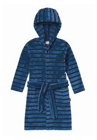 Modrá koupací župan vyrobená z měkké, texturované látky. Má střídající se pruhy tmavě a světle modré barvy, pás na zavazování a dvě přední kapsy.