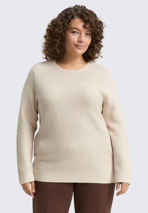 Beiger strukturierter Pullover mit Rautenmuster, Rundhalsausschnitt und langen Ärmeln, kombiniert mit braunen Hosen. Glattes Strickmaterial mit gerippten Bündchen.