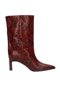 Red and black snakeskin-patterned ankle boot with a pointed toe and a tapered heel. Smooth, glossy texture with a fitted shaft.