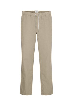 Pantaloni beige con vita elastica e coulisse, design a gamba dritta, tessuto strutturato e due tasche laterali, adatti per un look casual.