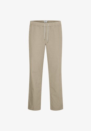 Béžové nohavice s elastickým pásom a sťahovacou šnúrkou, rovný strih, textúrovaná látka a dve bočné vrecká, vhodné na bežné nosenie.