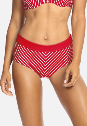 Czerwono-białe majtki bikini w paski z wysokim stanem, z szerokim pasem w talii oraz gładką, elastyczną teksturą materiału.