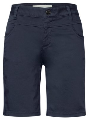Námorně modré kraťasy vyrobené z hladkého materiálu, s předním zapínáním na knoflík, poutky na opasek a dvěma bočními kapsami se subtilním prošitím.