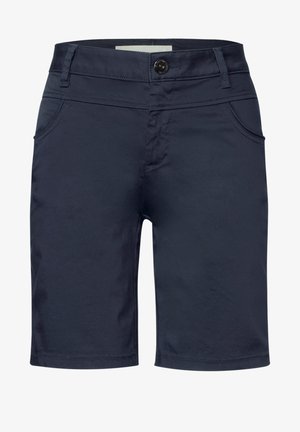 Marineblaue Shorts aus glattem Stoff, mit einem Frontknopfverschluss, Gürtelschlaufen und zwei seitlichen Taschen mit dezentem Stichdetail.