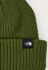 Green knit beanie with textured ribbing, featuring a black label with white logo detailing. Soft, stretchy material for comfort.