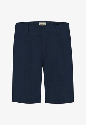 Tumed sinised lühikesed püksid, mis on valmistatud tekstureeritud kangast, kahe esikoti, nööpkinnituse ja mugava lõikega.