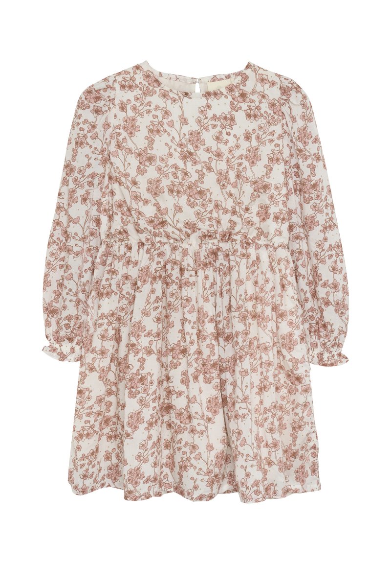 Blomsterkjole med lange puffærmer, med en cremefarvet baggrund og pink blomsterprint. Bånd i taljen og flæset nederdel for en afslappet pasform.