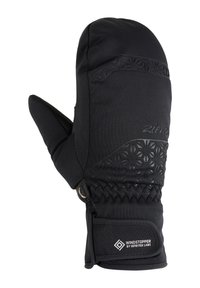 Black mitten with Windstopper technology. Features textured design, elastic wrist cuff, and adjustable strap for a secure fit.
