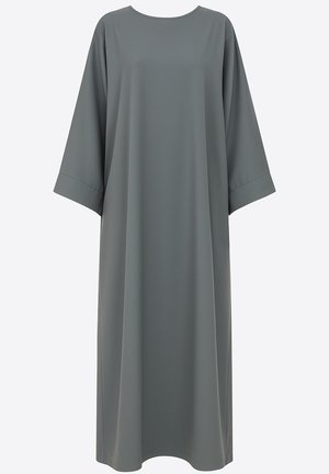 Grå knælængde kjole lavet af glat stof med en løs pasform, rund halsudskæring og brede, manchetterede ærmer. Enkel, ubeklædt design.