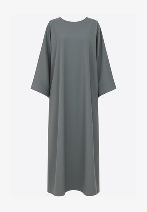 Grijze jurk tot op de knie, gemaakt van gladde stof met een losse pasvorm, ronde halslijn en brede, omgeslagen mouwen. Simpel, ongekleed ontwerp.