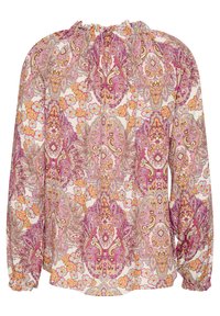 Blouse à manches longues avec un motif paisley rose, violet et orange, avec un col froncé et des poignets élastiques, fabriquée en tissu léger.
