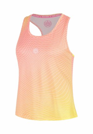 Camiseta deportiva sin mangas con degradado de naranja a amarillo y sutil patrón de ondas, con pequeño logo en el pecho y diseño de espalda cruzada.