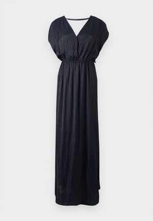 Robe maxi noire en tissu lisse, avec un décolleté en V, de courtes manches chauve-souris et une taille élastique pour un ajustement décontracté.