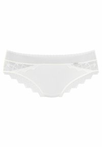 Weiße Spitzen- und Mesh-Strings im Bikini-Stil mit gewelltem Saum und glattem Vorderbereich, verziert mit filigranen Spitzen detalhes an den Seiten.