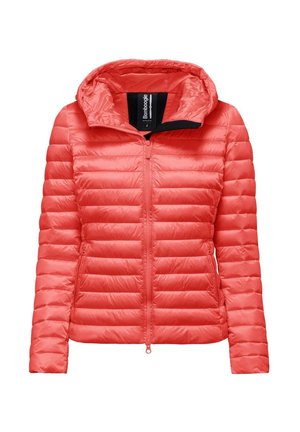 Giacca a vento corallo con cappuccio, dotata di chiusura frontale con zip, cuciture orizzontali e polsini elasticizzati per una vestibilità aderente. Materiale leggero.