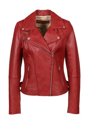 Rød læder motorcykeljakke til kvinder med asymmetrisk frontlynlås, to lynlåslommer, reverskrave og spænde detaljer.