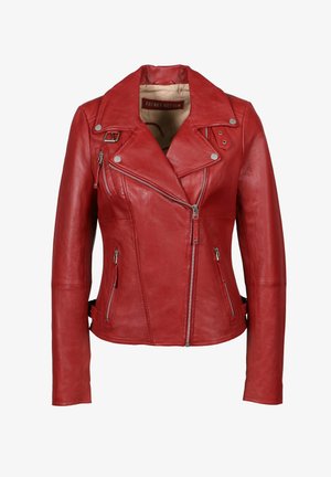 Dames rode leren bikerjack met asymmetrische frontrits, twee ritssluiting zakken, reverskraag en gespdetails.