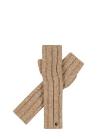 Gants sans doigts en tricot marron clair, avec une texture côtelée et un design allongé, comprenant un petit logo à la manche.