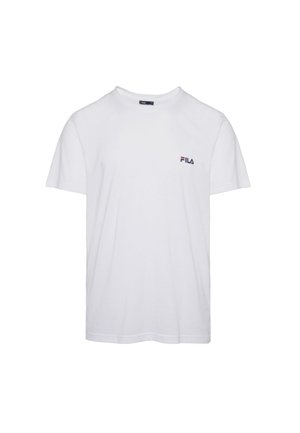 T-shirt à col rond à manches courtes blanc avec un petit logo FILA en rouge et bleu marine sur la poitrine gauche.