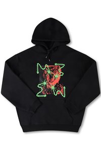 Black hoodie with a front graphic design featuring red and green elements, abstract shapes, and the word "FORMER" in green text.
