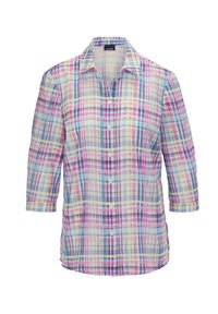 Camicia con bottoni caratterizzata da un motivo a quadri multicolore nei toni del rosa, blu e giallo, realizzata in tessuto leggero con maniche a tre quarti.