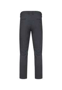Szare spodnie o dopasowanym kroju z gładką fakturą, standardowymi kieszeniami i prostą nogawką. Pas ma prosty, czysty wykończenie.