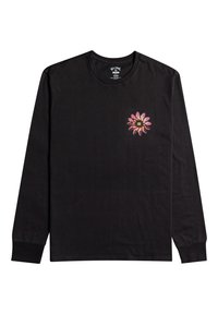 Schwarzes Langarmshirt aus Baumwolle. Mit einem bunten Blumenmuster auf der linken Brust, in Rosa- und Orangetönen. Runder Hals, gerippte Bündchen.